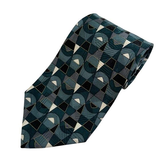 Courreges Homme Italian Silk Tie Geometric Pattern Green Blue Mens One Size - Picture 1 of 9